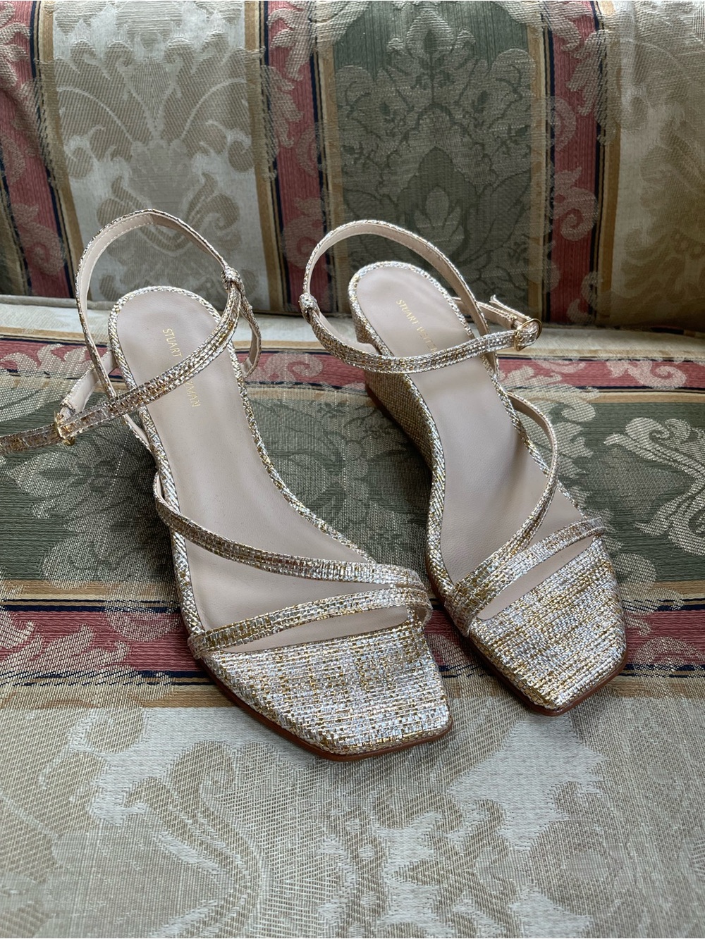 Stuart Weitzman Oasis 50 Metallic Woven Wedge Slingback Sandal. Size 7.5 N11-19